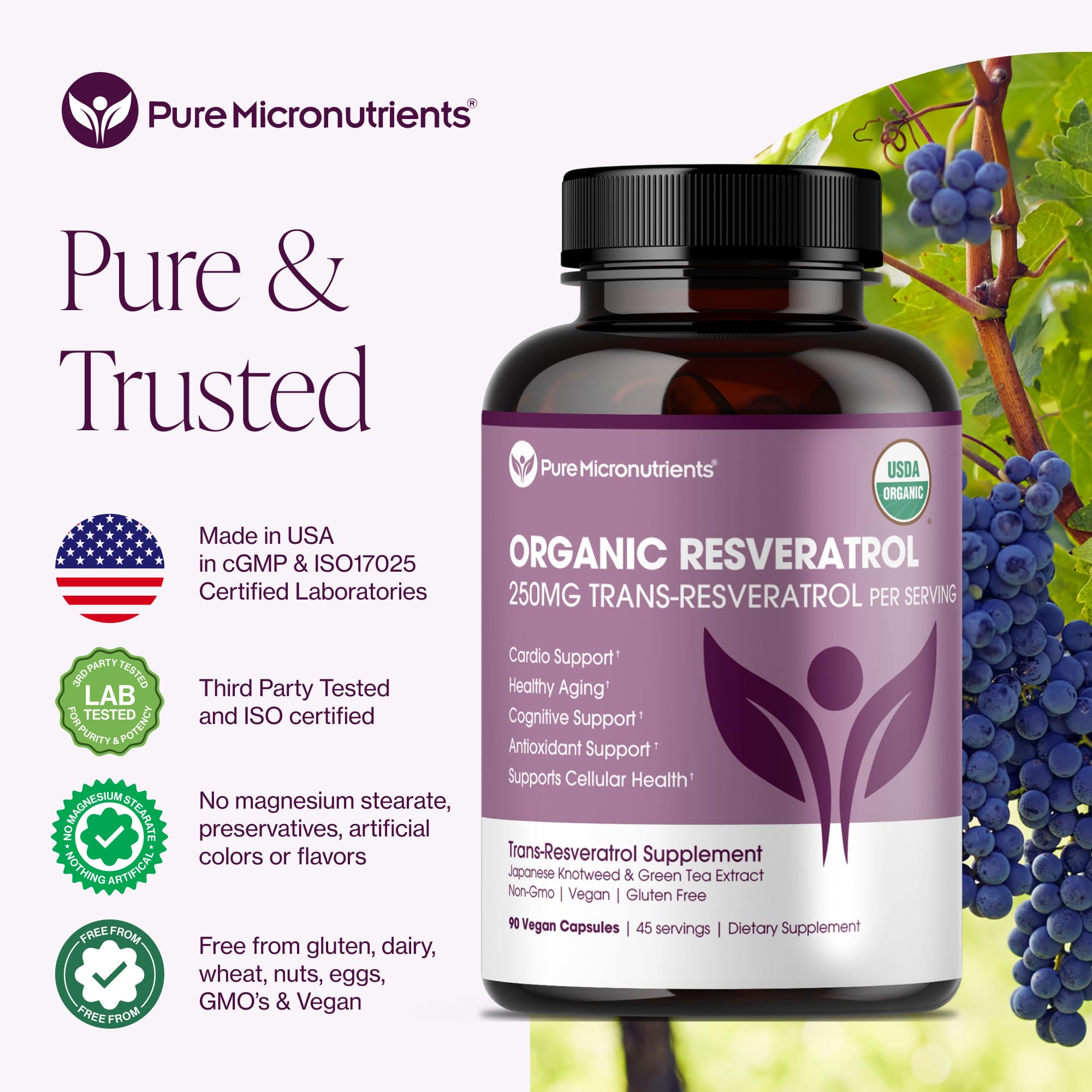 Pure Micronutrients resveratrol packaging with eco-friendly design.
