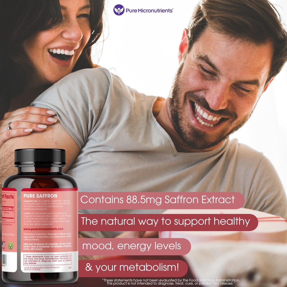 Pure Micronutrients saffron capsules packshot shows compact bottle for travel use