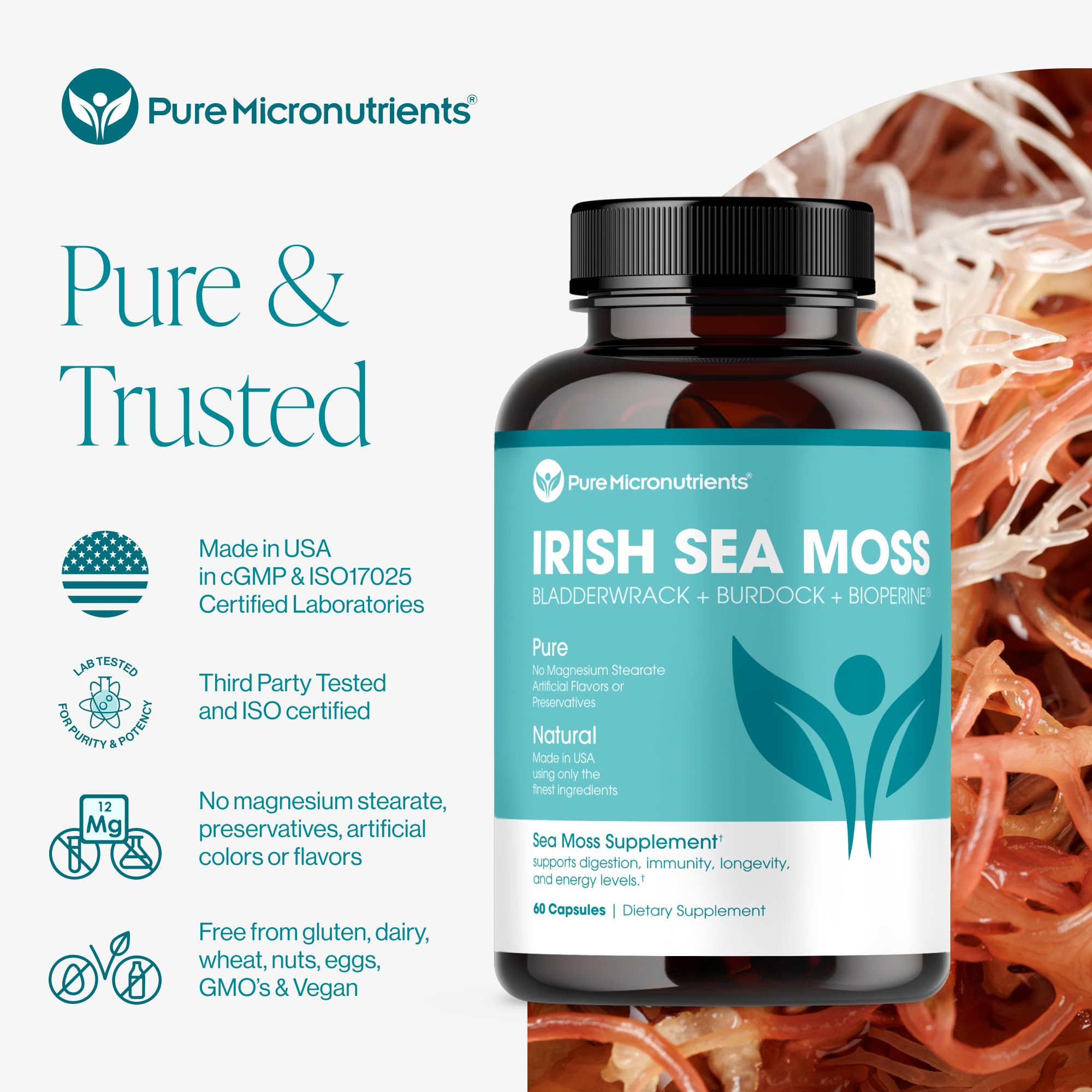 Pure Micronutrients sea moss capsules being poured for daily use.