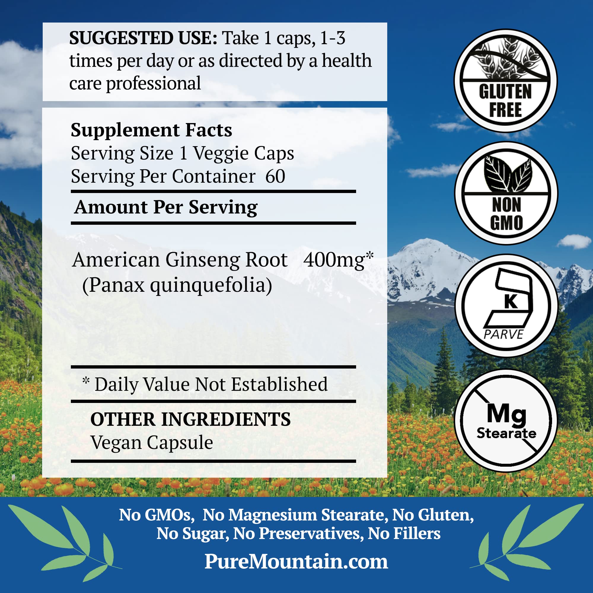 Pure Mountain Botanicals American Ginseng capsules closeup showing clean ingredients
