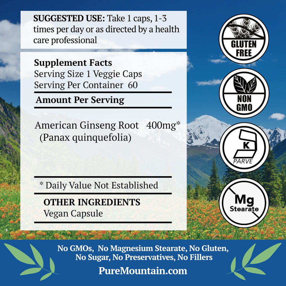 Pure Mountain Botanicals American Ginseng capsules closeup showing clean ingredients