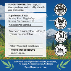 Pure Mountain Botanicals American Ginseng capsules closeup showing clean ingredients