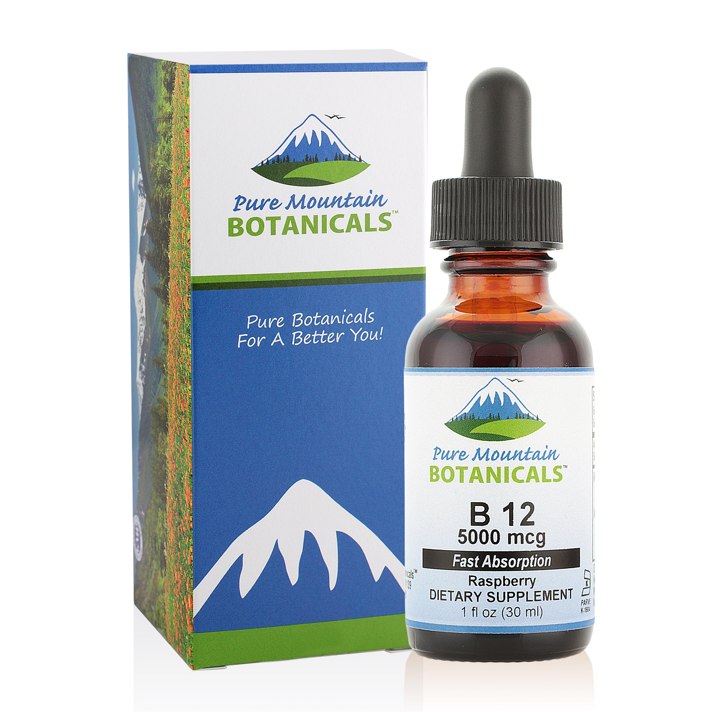 Pure Mountain Botanicals B12 bottle label highlights kosher and gluten-free status