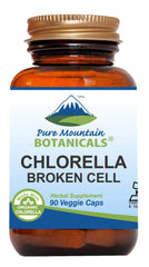 Pure Mountain Botanicals broken cell wall chlorella capsules packaging for convenient greens.