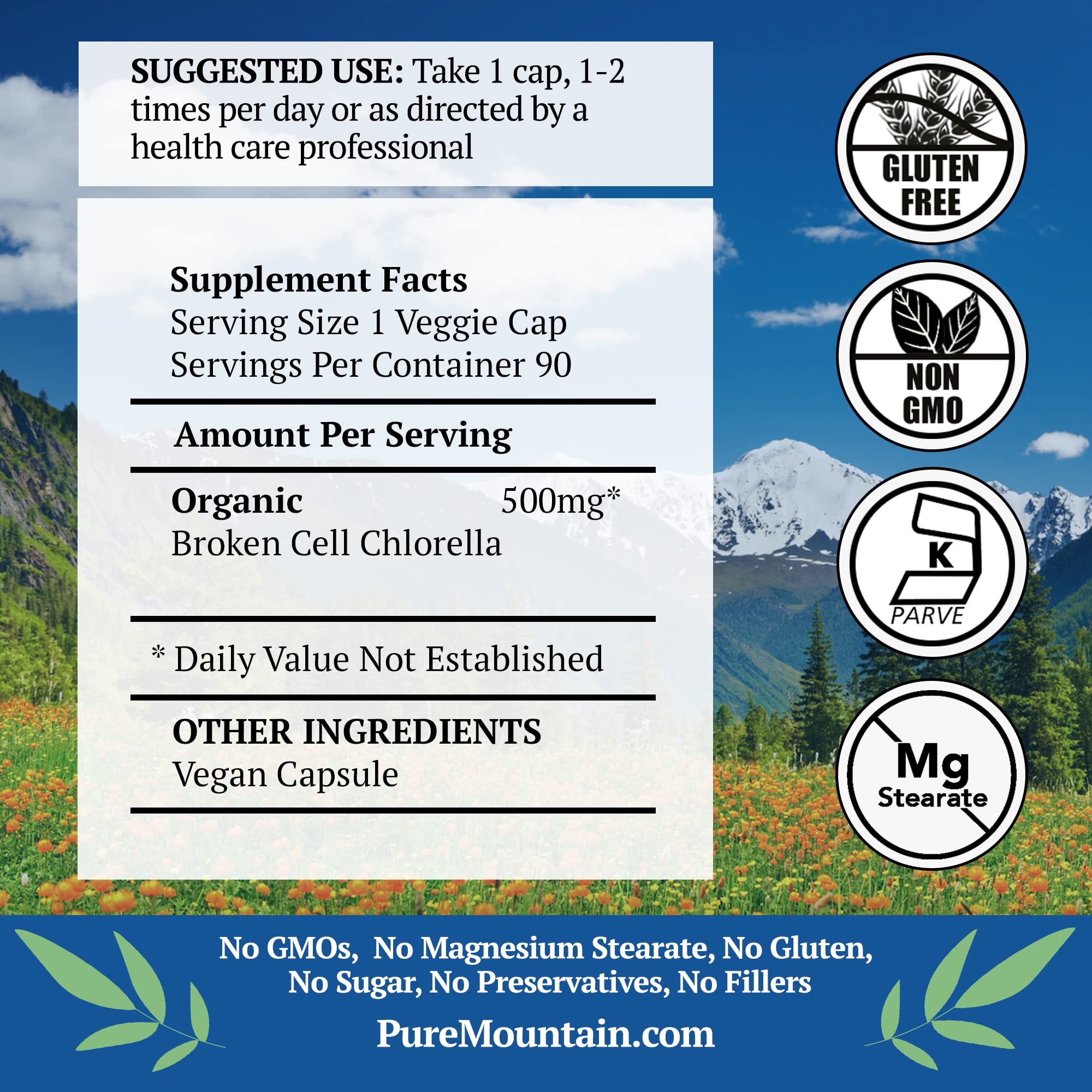 Pure Mountain Botanicals chlorella capsules easy-swallow design for busy mornings.