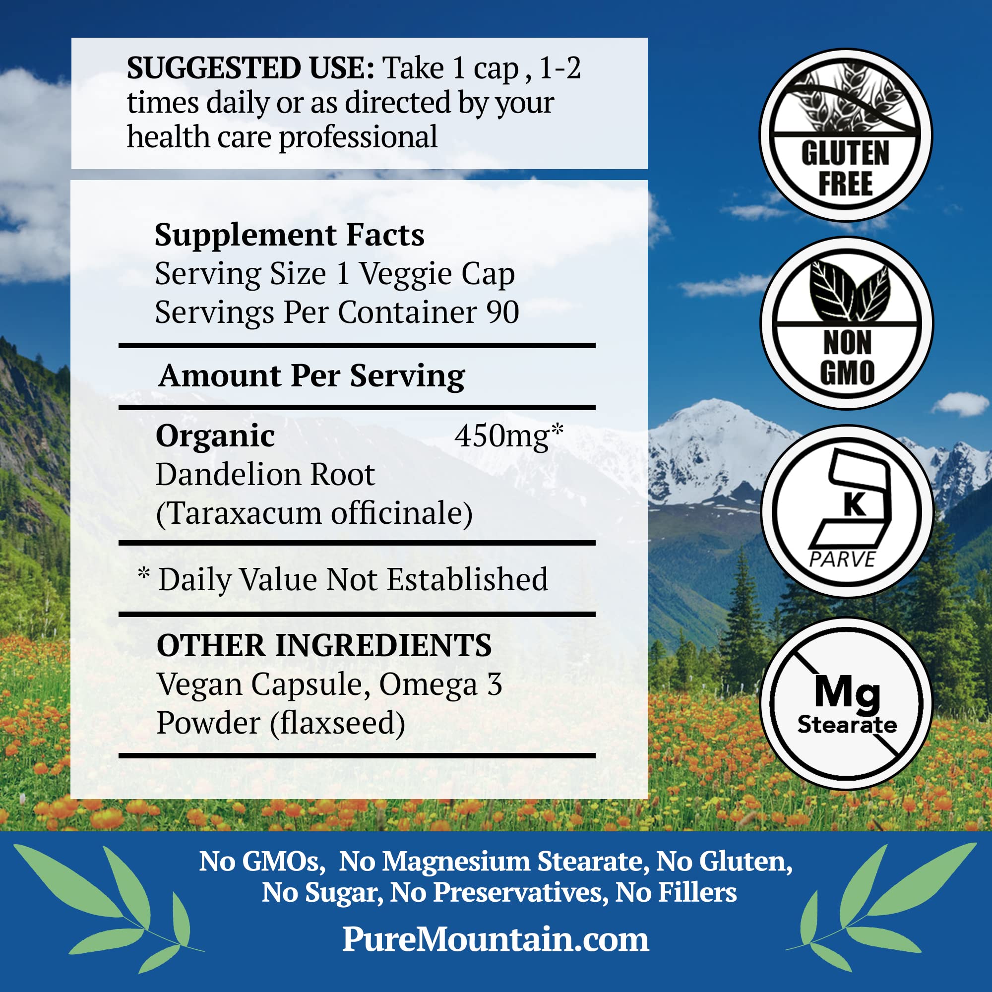 Pure Mountain Botanicals label close-up highlighting organic dandelion root for digestion