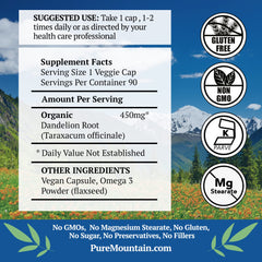 Pure Mountain Botanicals label close-up highlighting organic dandelion root for digestion
