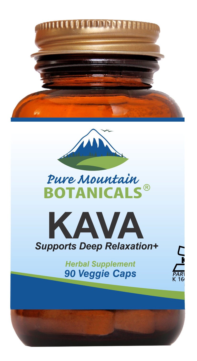 Pure Mountain Botanicals kava capsules bottle close-up for daily relaxation