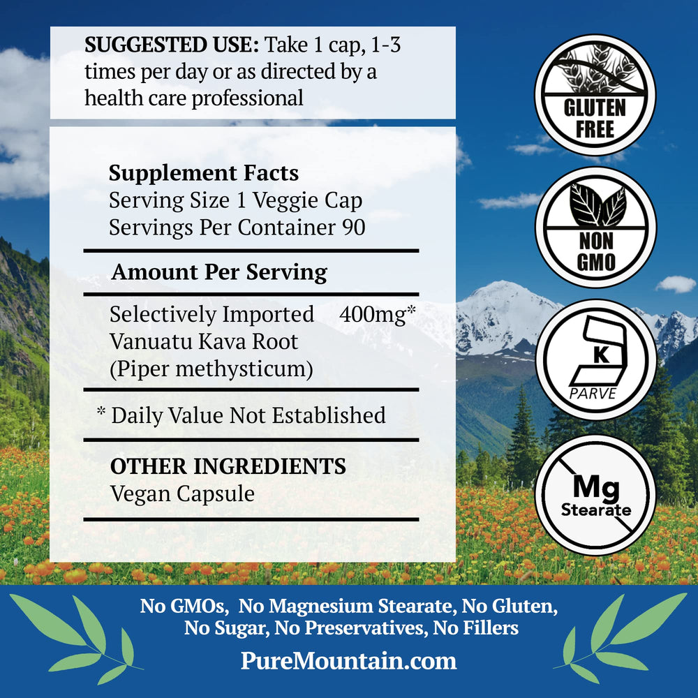 Pure Mountain Botanicals kava capsules close-up highlighting pure root content