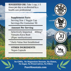 Pure Mountain Botanicals kava capsules close-up highlighting pure root content