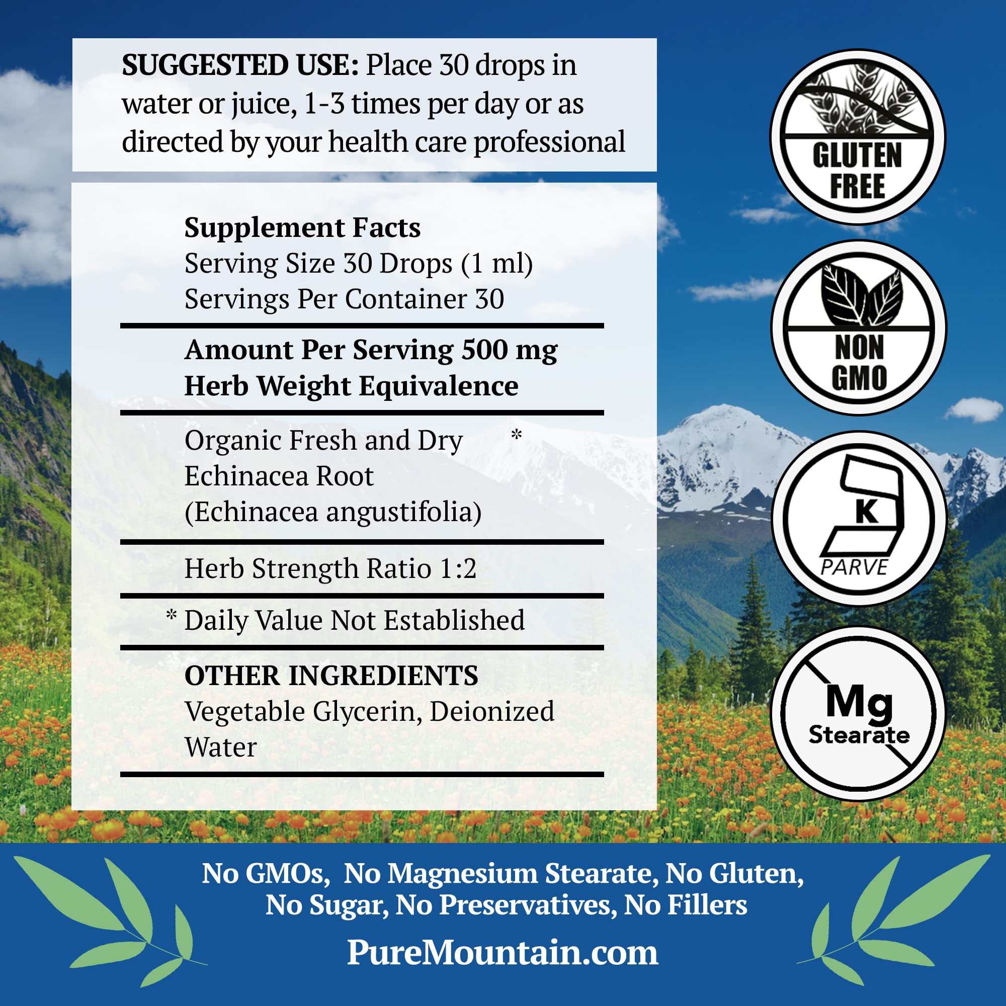 Pure Mountain Botanicals Liquid Echinacea Drops pour demonstrates easy dosing.