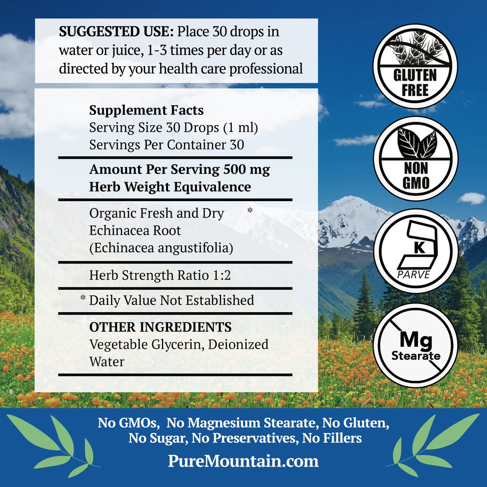 Pure Mountain Botanicals Liquid Echinacea Drops pour demonstrates easy dosing.