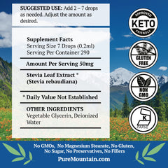 Pure Mountain Botanicals Liquid Stevia bottle front: alcohol-free, zero calories for everyday sweetness