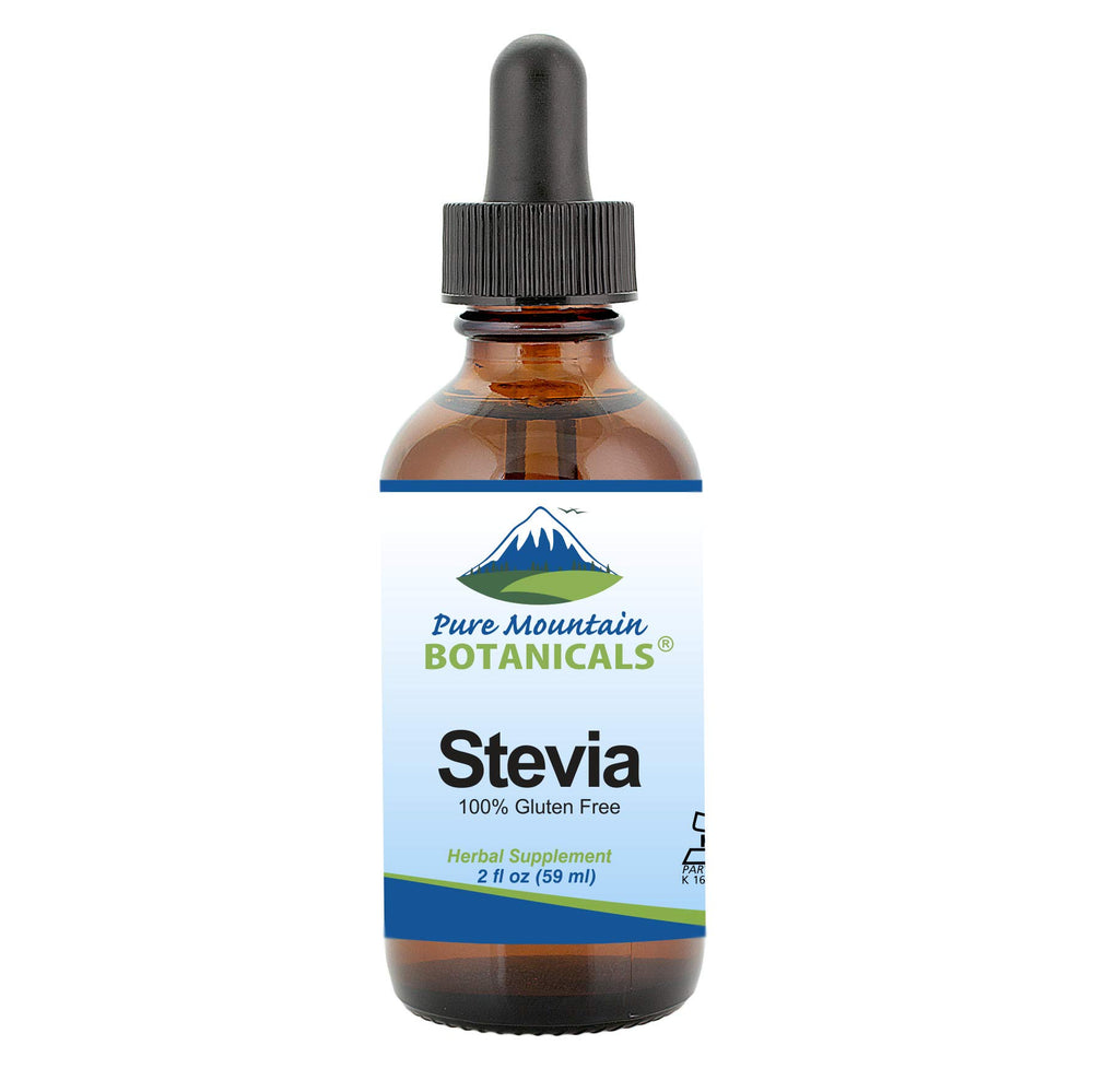 Pure Mountain Botanicals Liquid Stevia bottle pour: zero-calorie sweetness for coffee or tea