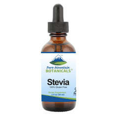 Pure Mountain Botanicals Liquid Stevia bottle pour: zero-calorie sweetness for coffee or tea