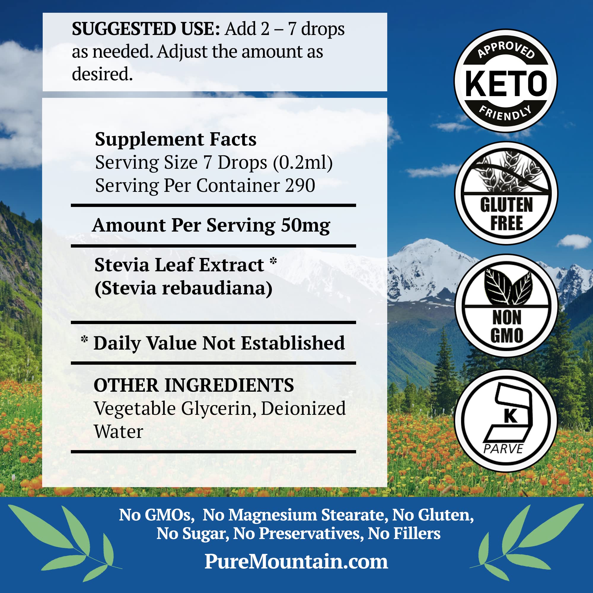 Pure Mountain Botanicals sugar-free sweetener in a mug on kitchen counter.