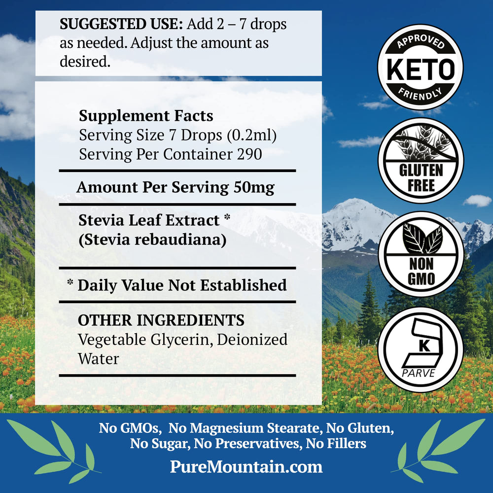 Pure Mountain Botanicals sugar-free sweetener in a mug on kitchen counter.