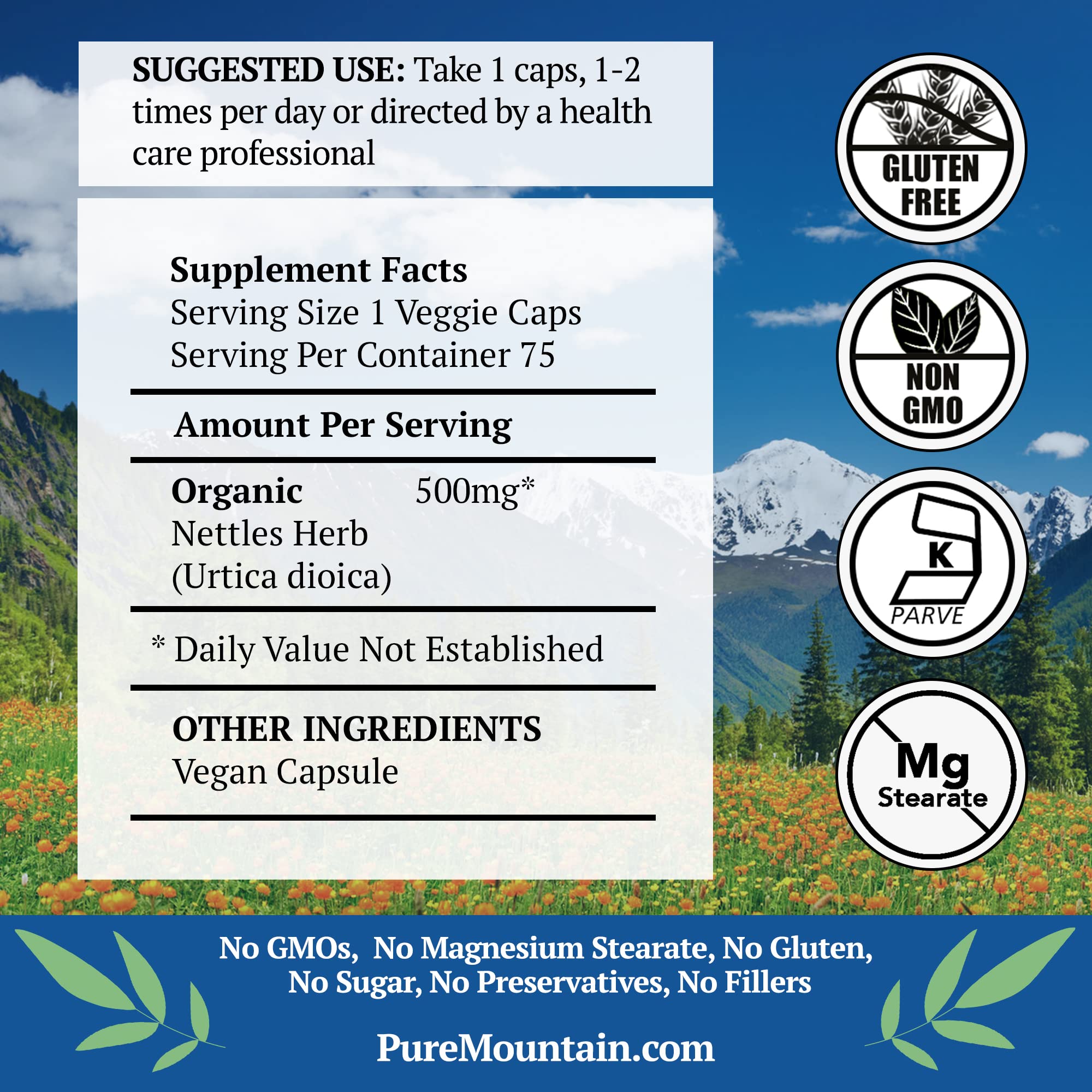 Close‑up of Pure Mountain Botanicals nettle capsules showing organic, clean formula.
