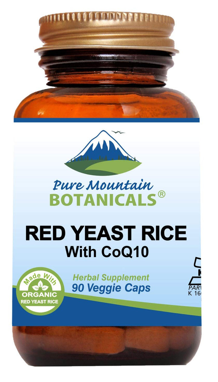 Pure Mountain Botanicals red yeast rice with CoQ10 bottle — clean organic formula for daily wellness.