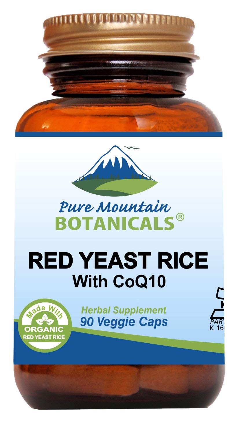 Pure Mountain Botanicals red yeast rice with CoQ10 bottle — clean organic formula for daily wellness.