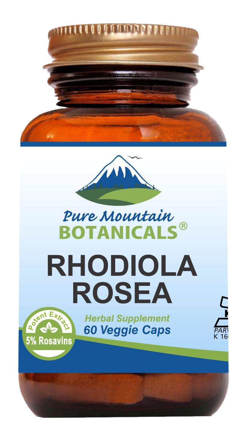 Pure Mountain Botanicals Rhodiola bottle label shows potent extract for daily focus.