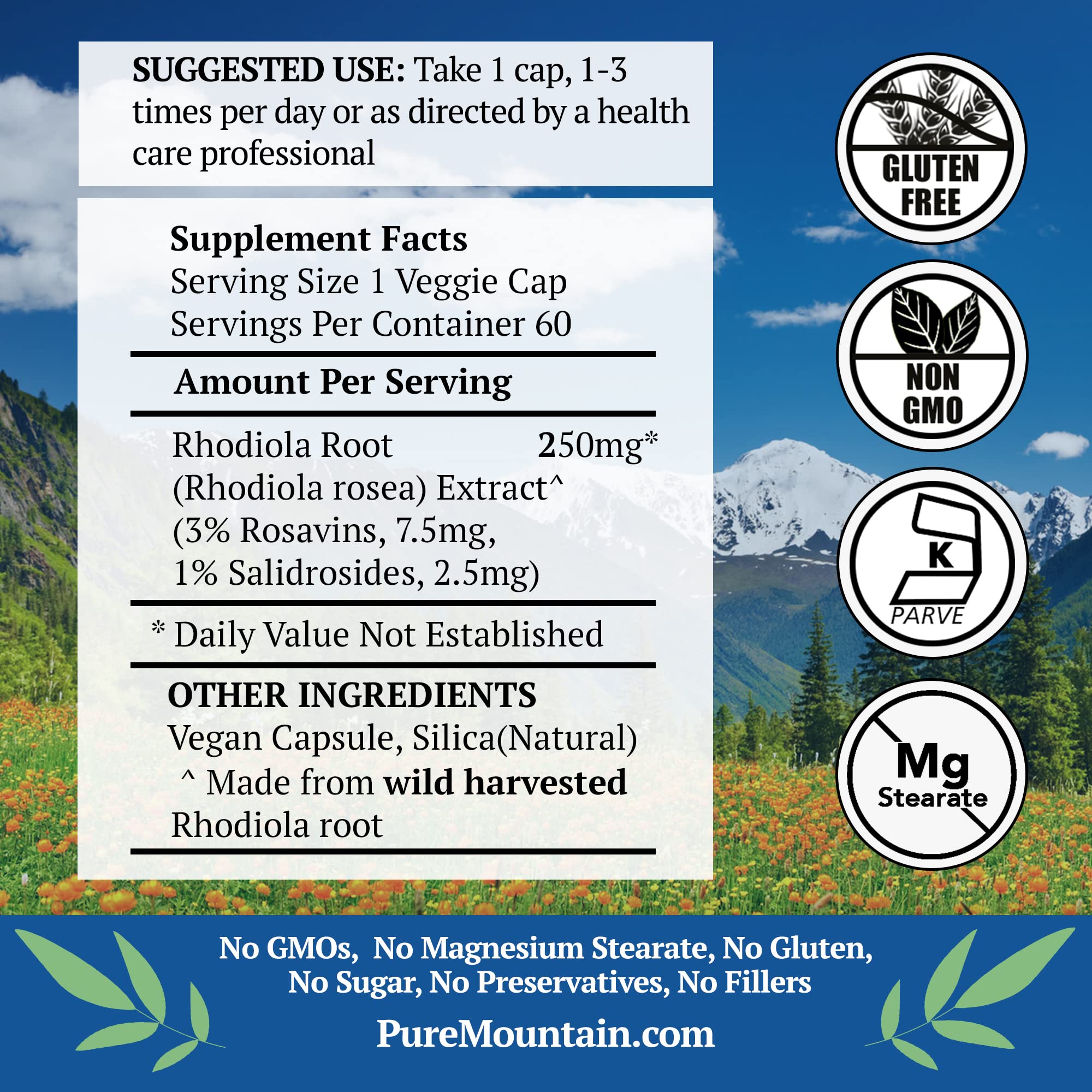 Pure Mountain Botanicals Rhodiola capsules close-up highlighting vegan, kosher formula for steady energy.
