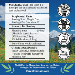 Pure Mountain Botanicals Rhodiola capsules close-up highlighting vegan, kosher formula for steady energy.