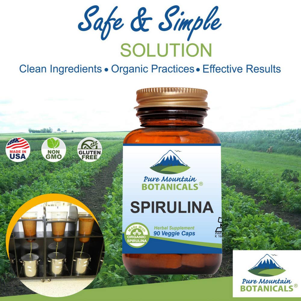 Pure Mountain Botanicals spirulina capsules closeup emphasizes portable daily supplement