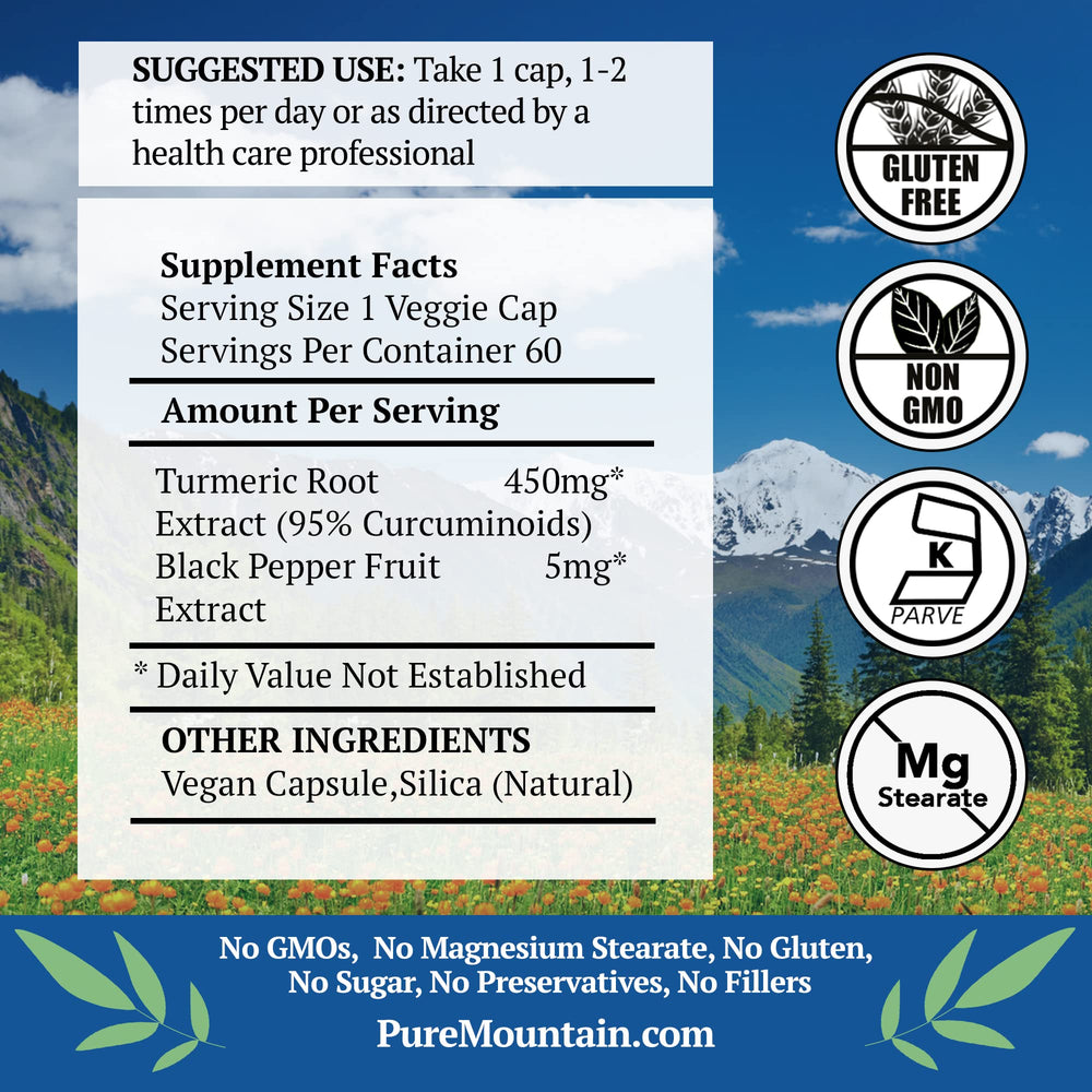 Pure Mountain Botanicals turmeric capsules closeup, clean-label and easy to swallow