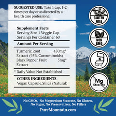 Pure Mountain Botanicals turmeric capsules closeup, clean-label and easy to swallow