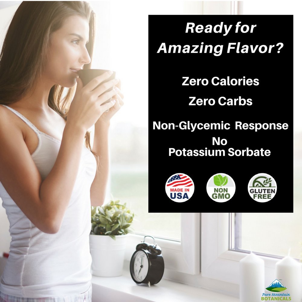 Pure Mountain Botanicals Vanilla Stevia Drops being poured into a cup