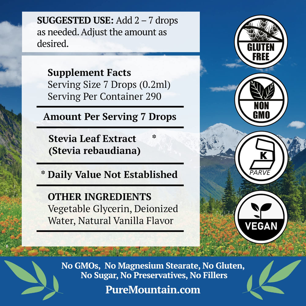 Pure Mountain Botanicals Vanilla Stevia liquid drops glass bottle 2oz convenient per-pack