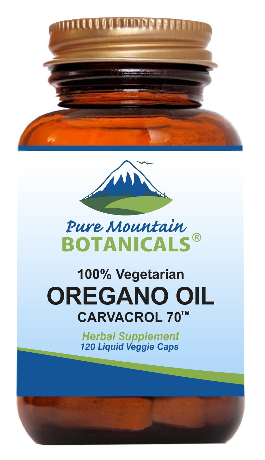 Pure Mountain Botanicals Wild Oregano Oil Capsules bottle with high carvacrol potency (70%).