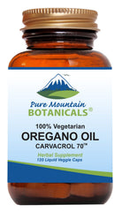 Pure Mountain Botanicals Wild Oregano Oil Capsules bottle with high carvacrol potency (70%).