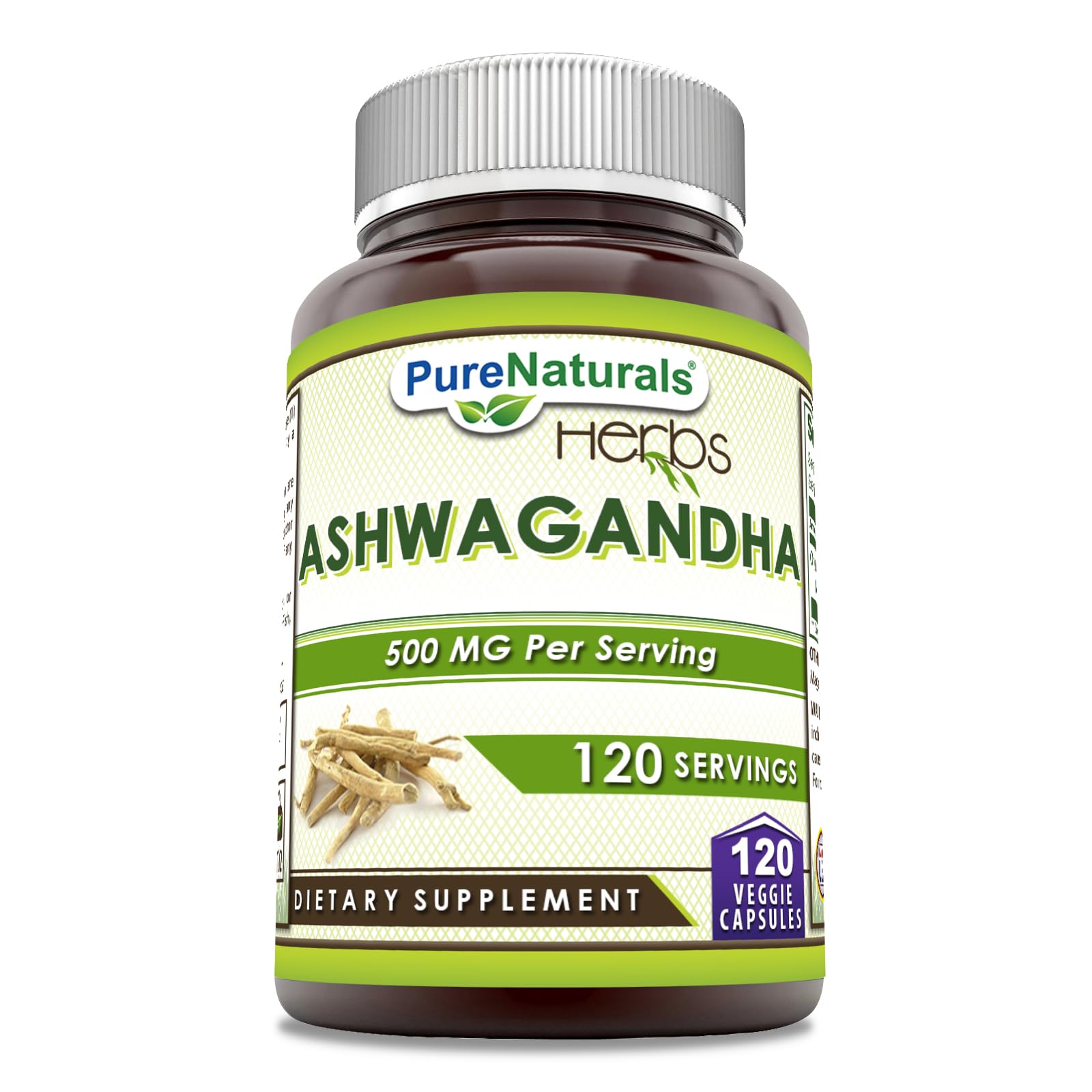 Pure Naturals Ashwagandha bottle showcases 500 mg per serving for daily balance