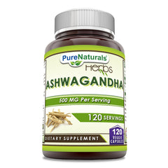 Pure Naturals Ashwagandha bottle showcases 500 mg per serving for daily balance