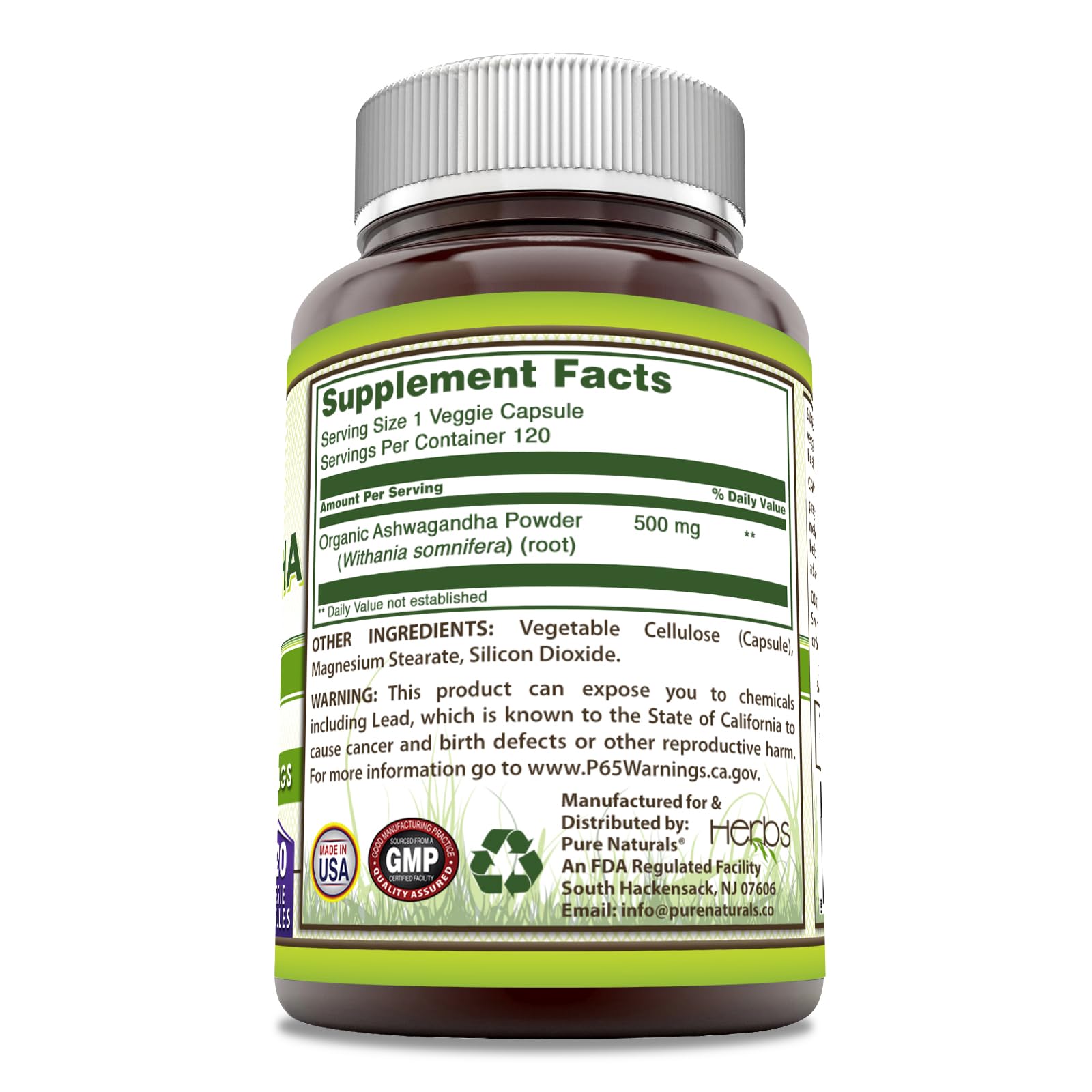 Pure Naturals Ashwagandha label emphasizes non-GMO purity