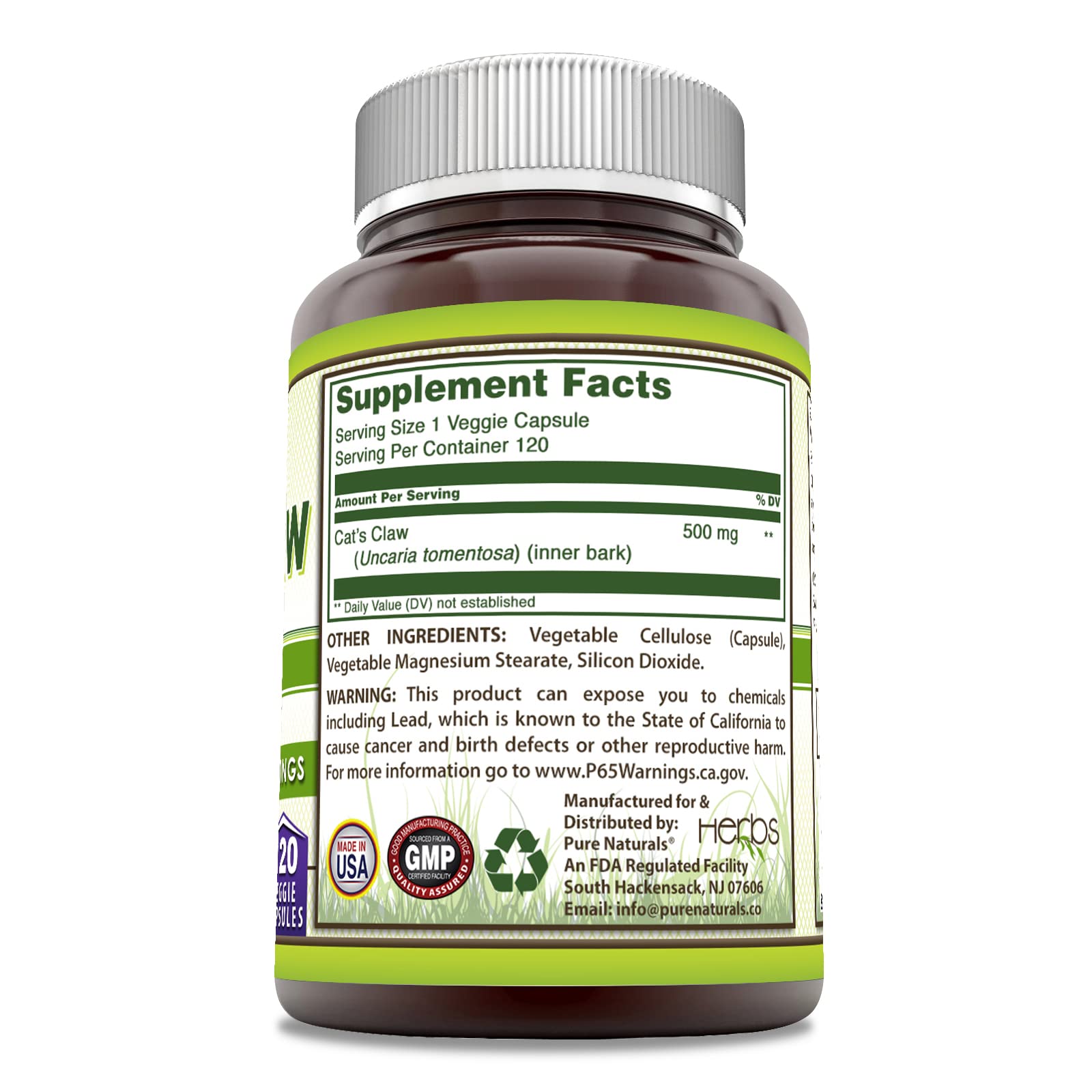 Pure Naturals Cat's Claw Caps capsules close-up to highlight easy daily supplementation