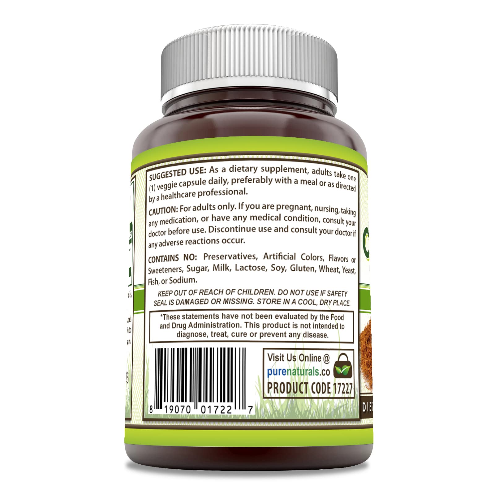 Pure Naturals Cat's Claw Caps label emphasizes 500 mg capsules for immune support