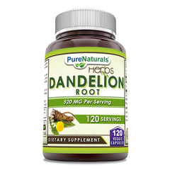 Pure Naturals Dandelion Root capsules close-up, a convenient daily supplement for wellness.