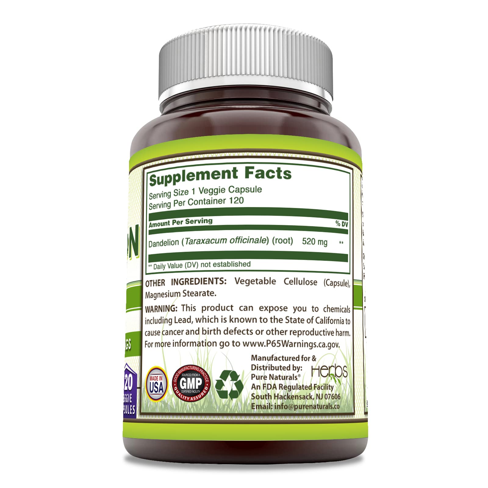 Pure Naturals Dandelion Root bottle image showing 120 veggie capsules for daily vitality.