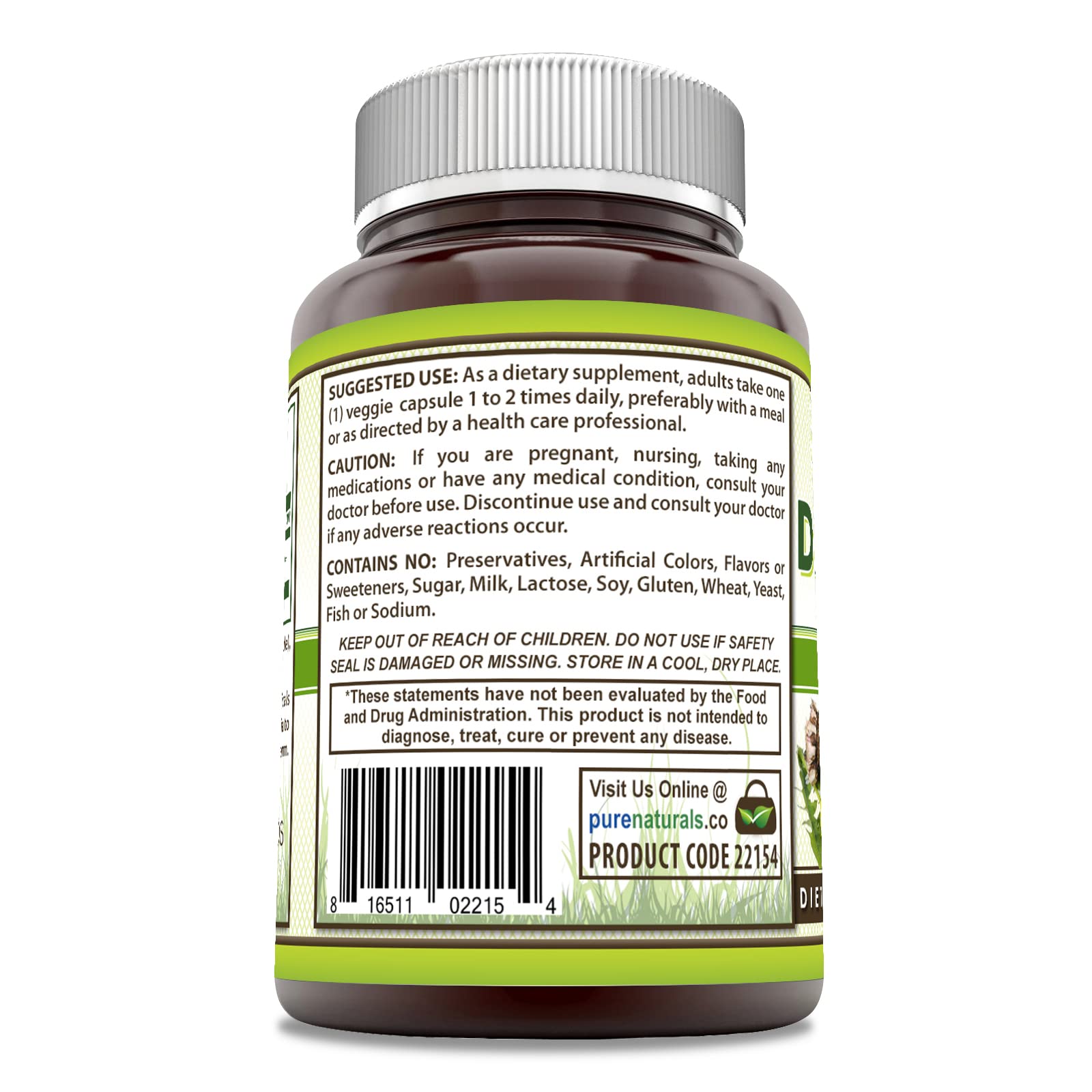 Pure Naturals Dandelion Root packaging close view highlights Non-GMO and USA-made quality.