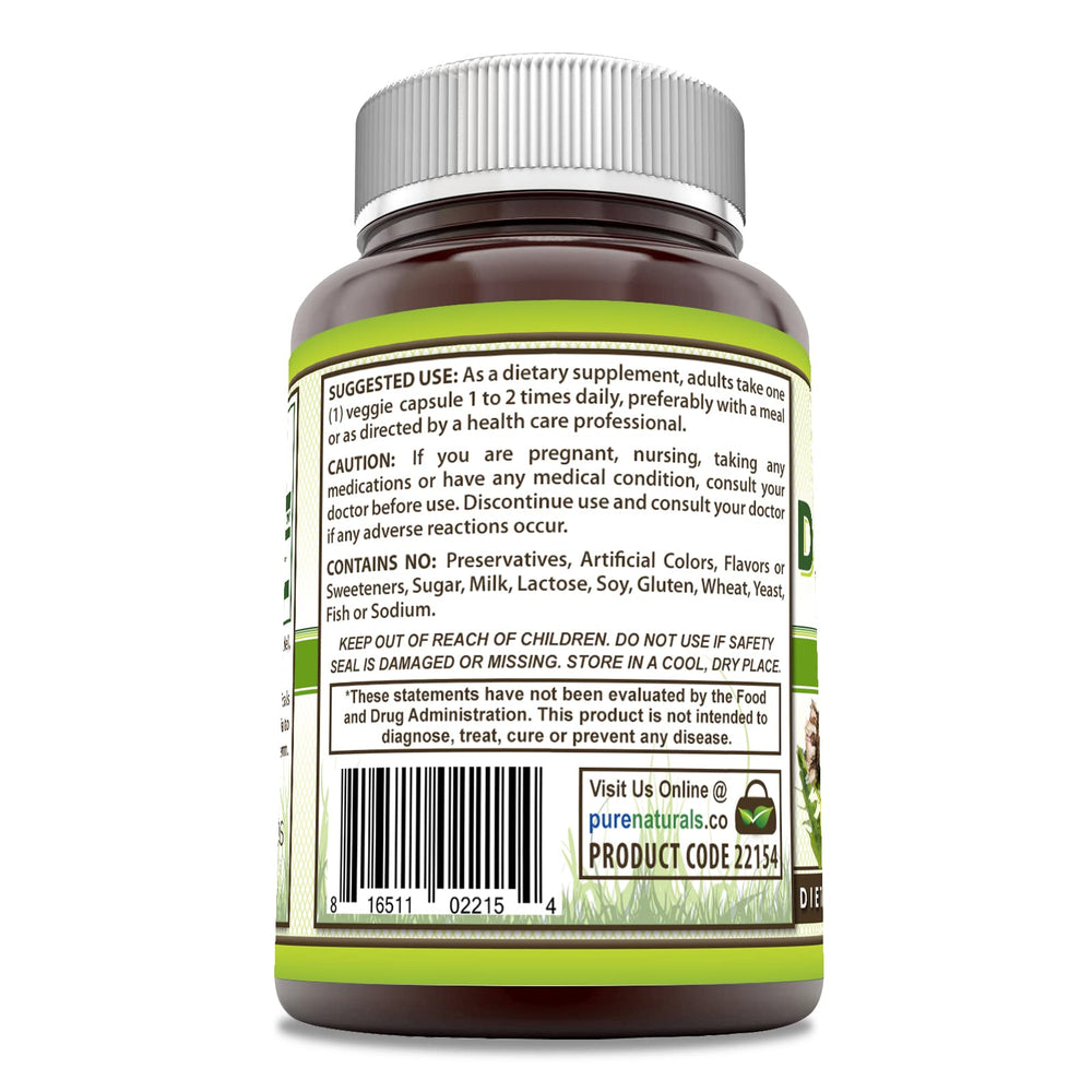 Pure Naturals Dandelion Root packaging close view highlights Non-GMO and USA-made quality.