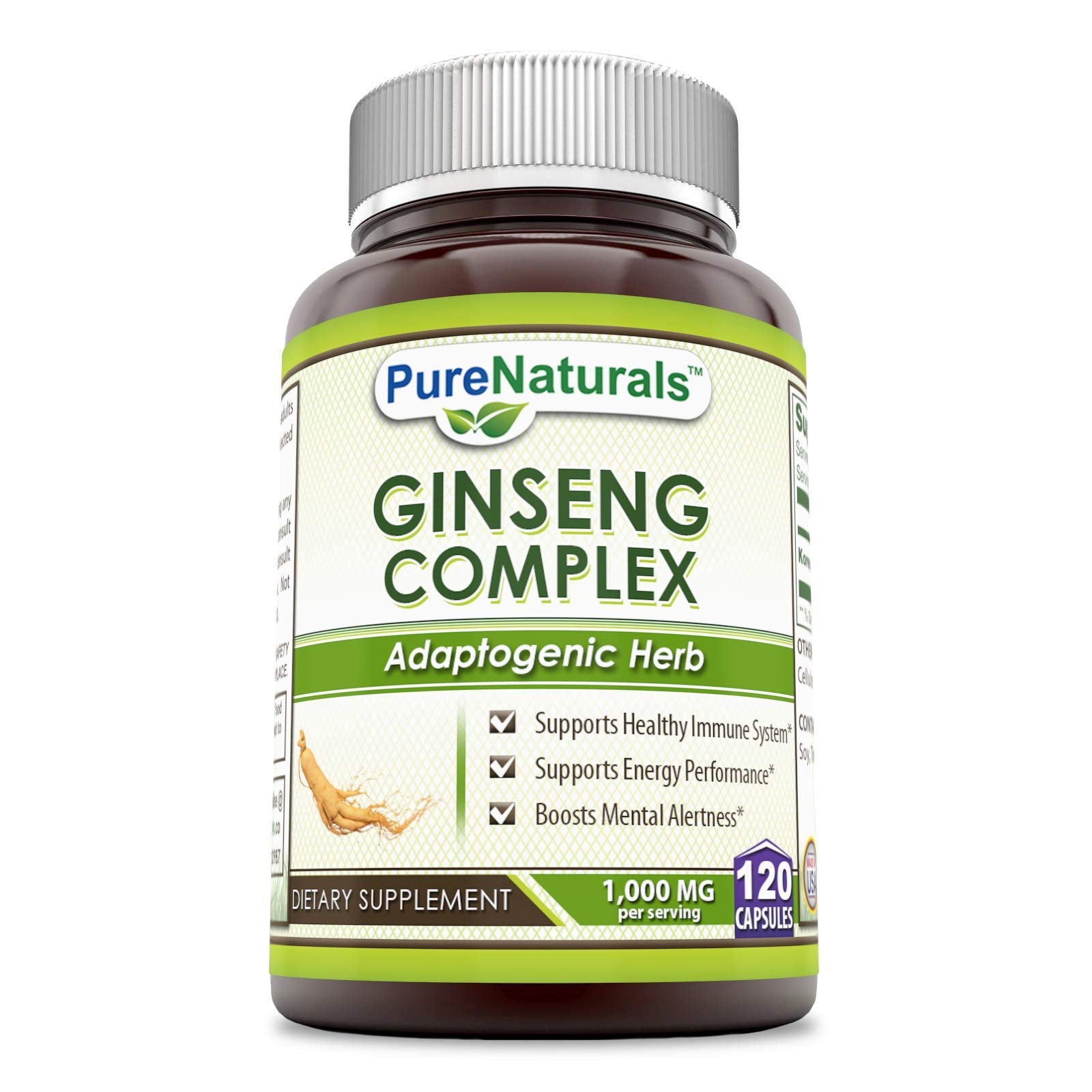 Pure Naturals Ginseng Complex bottle front with 120 capsules for daily energy support