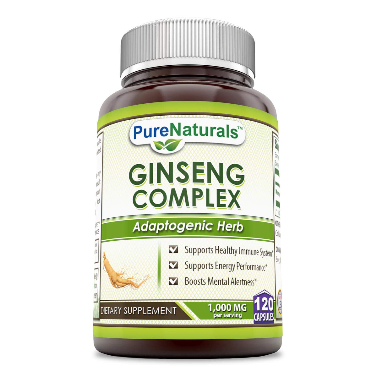 Pure Naturals Ginseng Complex bottle front with 120 capsules for daily energy support