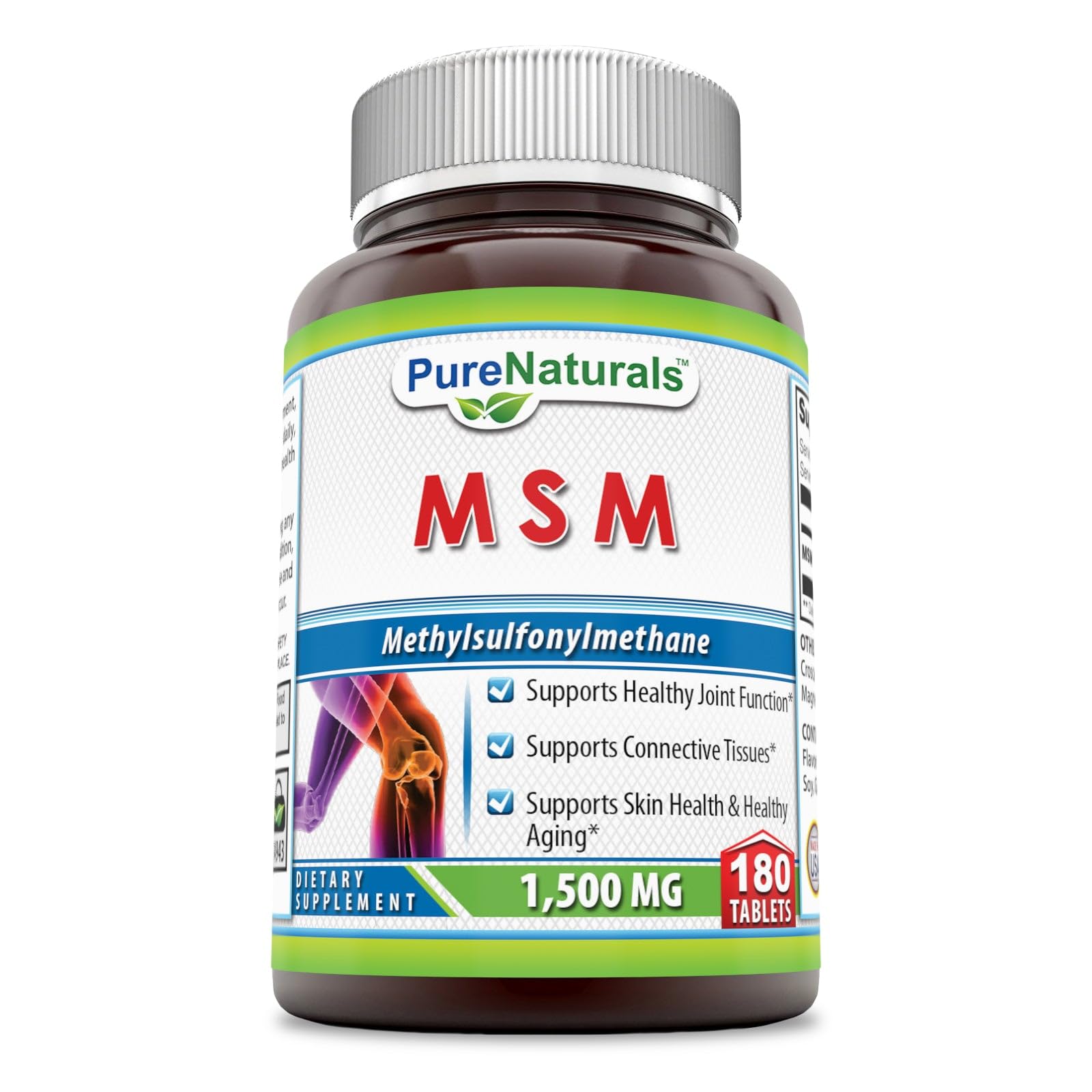 Pure Naturals MSM tablet bottle supports joint comfort and connective tissue health.