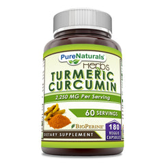 Pure Naturals Turmeric Curcumin bottle featuring Bioperine for better absorption.