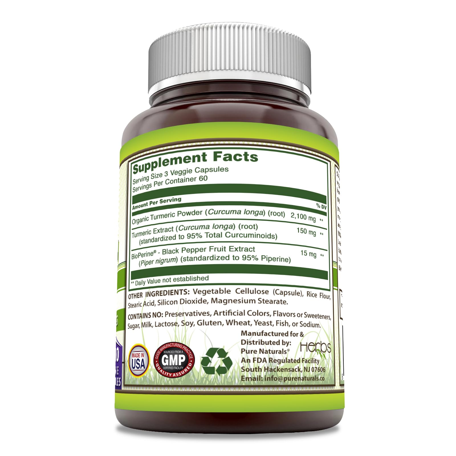 Pure Naturals Turmeric Curcumin capsules close-up, highlighting veggie capsules and gluten free.