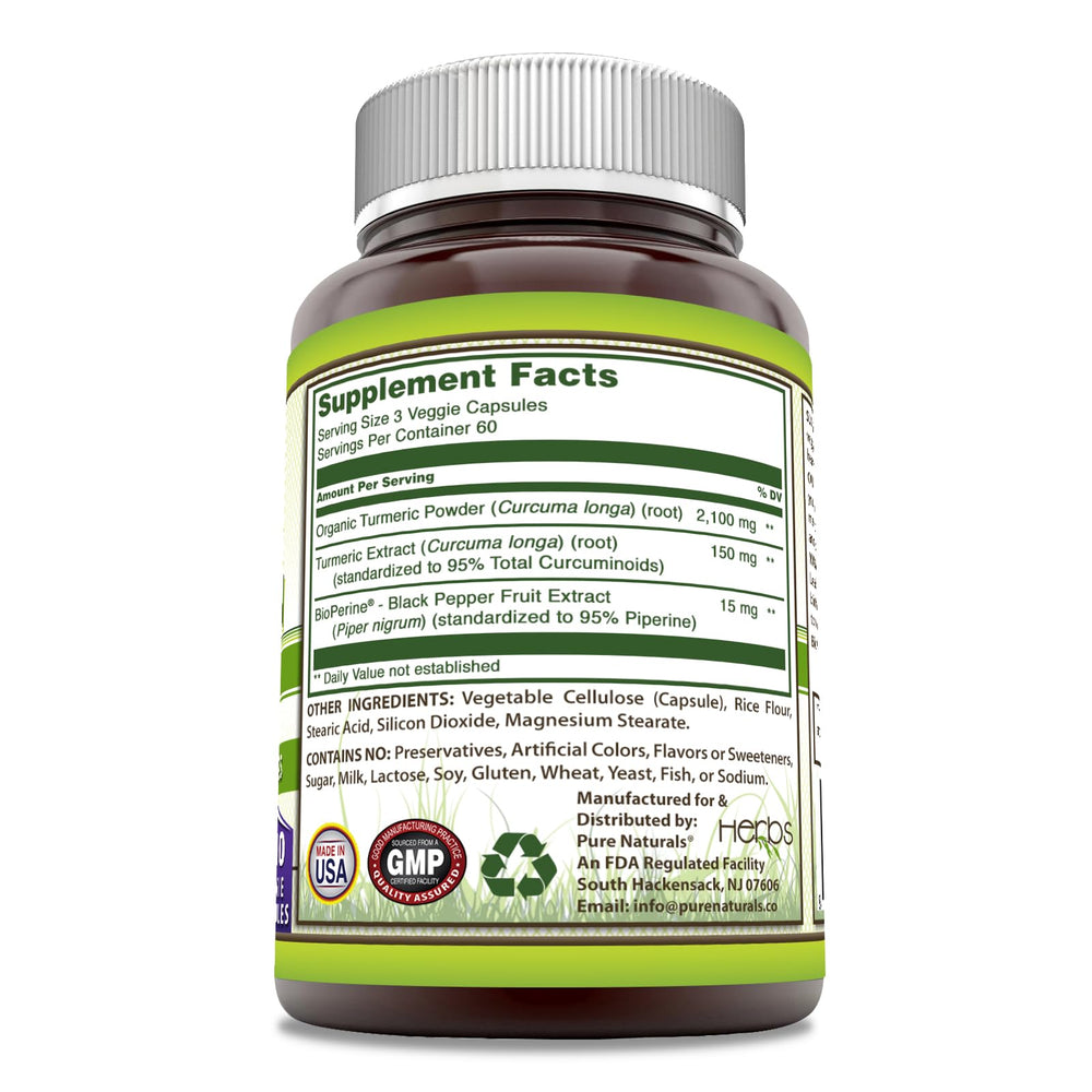 Pure Naturals Turmeric Curcumin capsules close-up, highlighting veggie capsules and gluten free.
