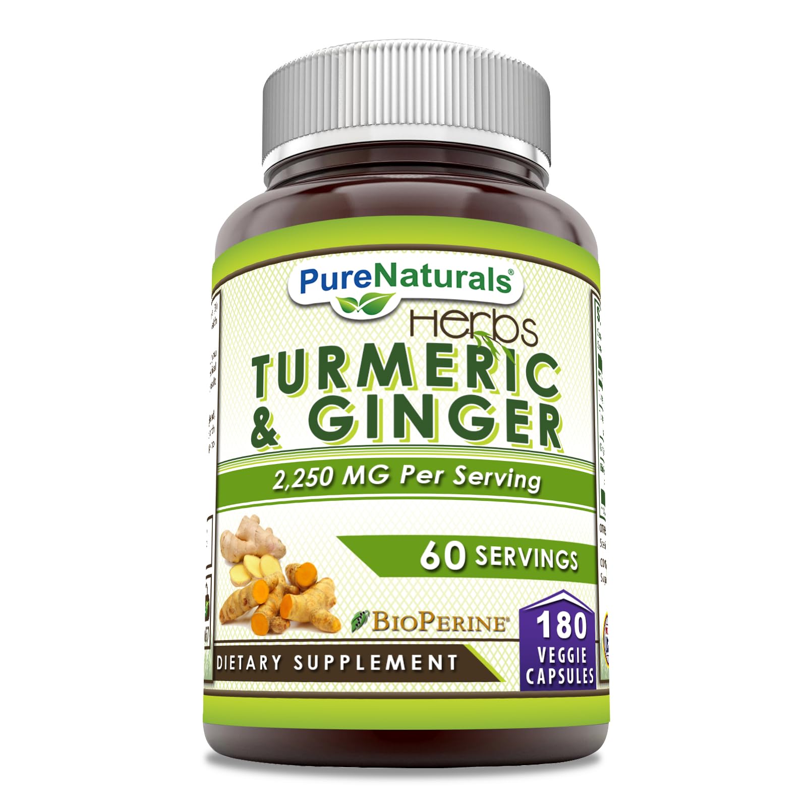 Pure Naturals turmeric bottle front shows potency and USA-made quality.